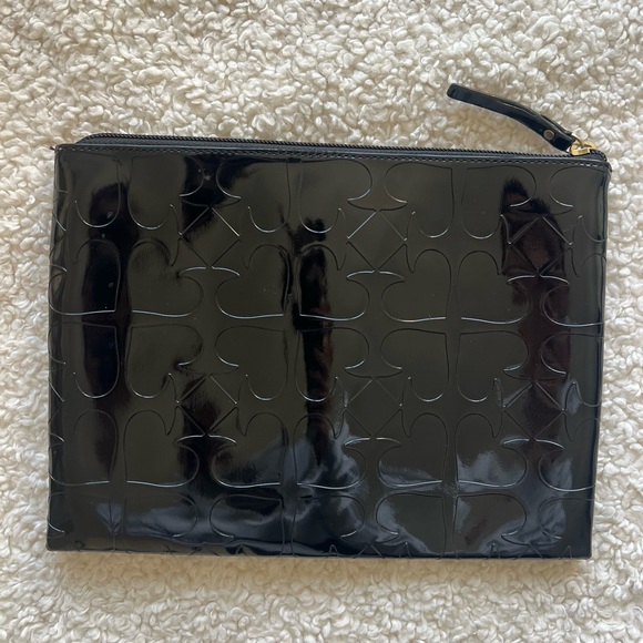 Kate Spade Black Patent Embossed Zip Clutch | Glossy Logo Pouch - 10in x 7.5in - Picture 2 of 5